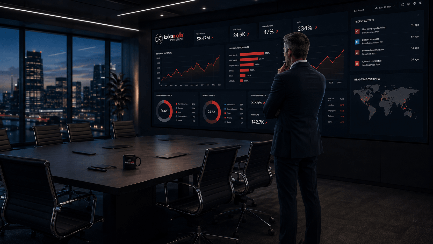 Sala estratégica con dashboard de datos y crecimiento digital