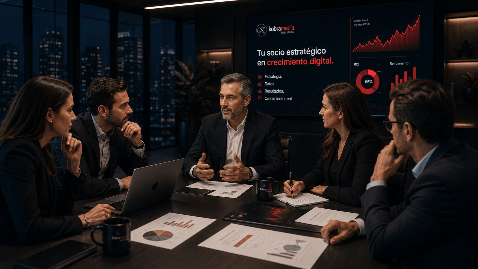 Equipo de Kobra Media International reunido en una sesión estratégica