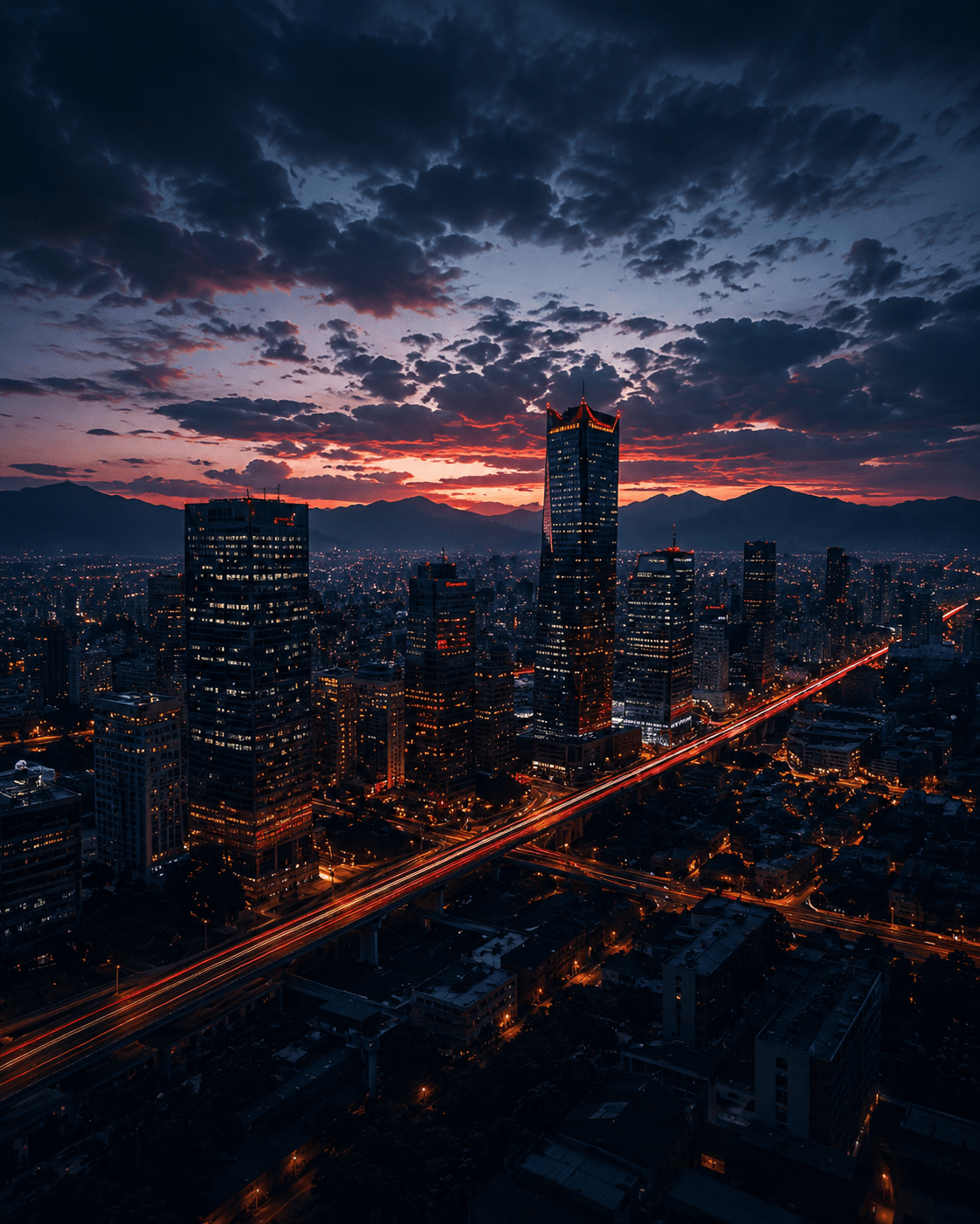 Ciudad nocturna con líneas de crecimiento digital