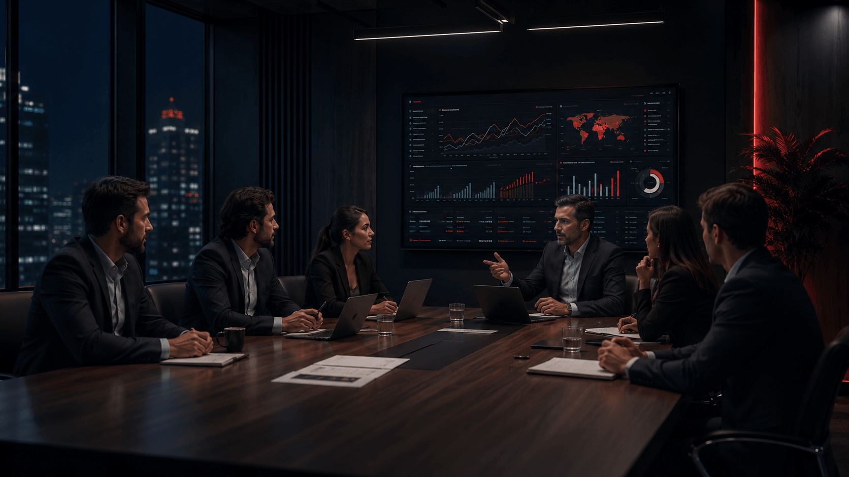 Equipo revisando un plan estratégico digital en una sala de reuniones