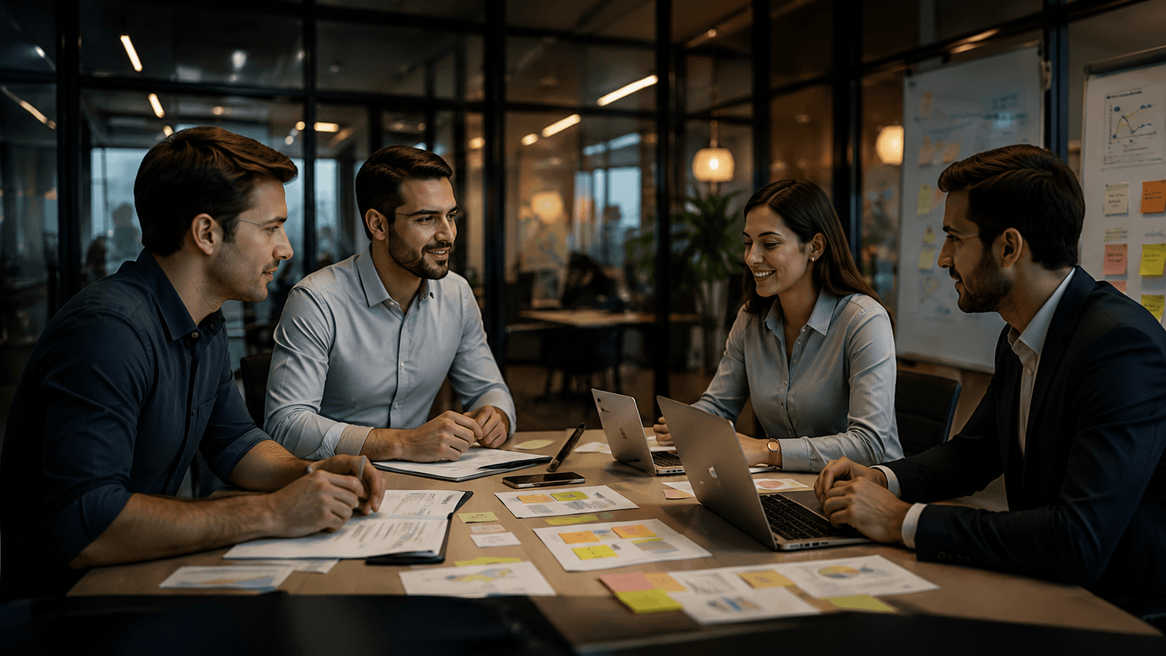 Equipo trabajando en una sesión estratégica