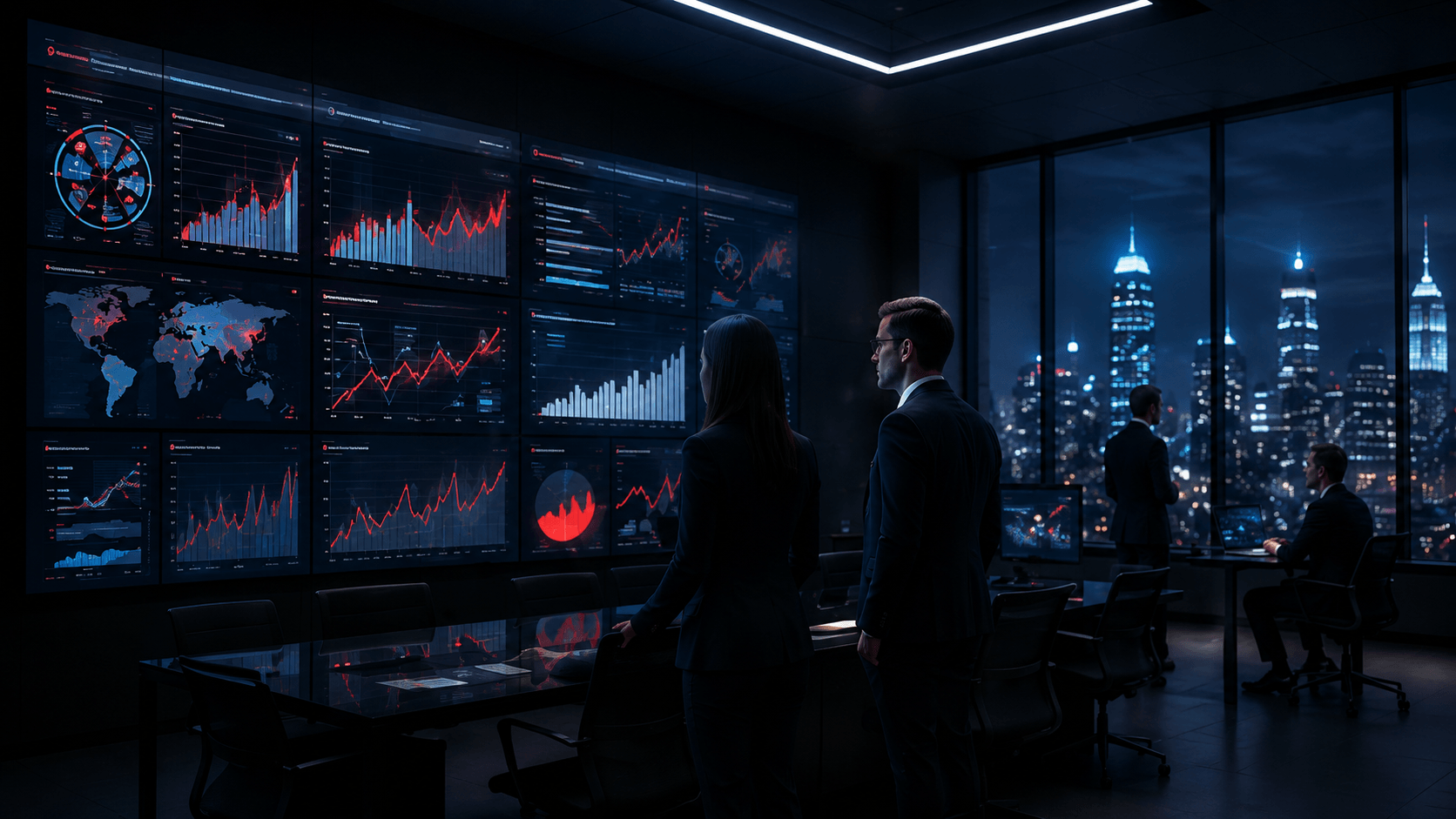 Sala de análisis con dashboards estratégicos de crecimiento