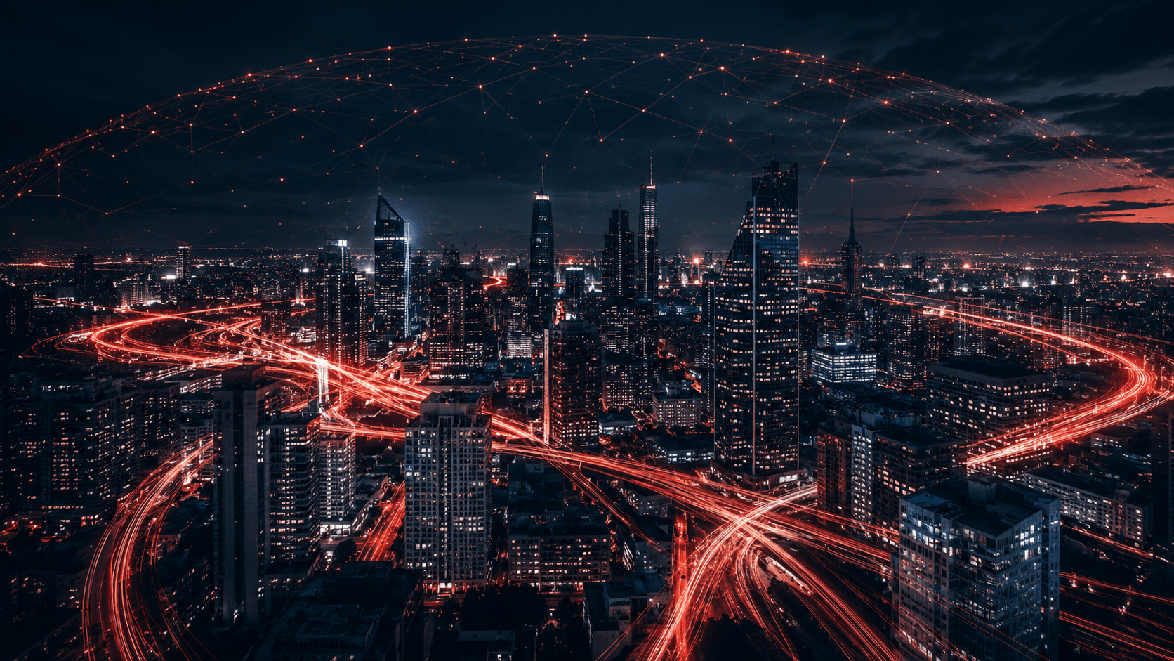 Ciudad nocturna con líneas de crecimiento digital