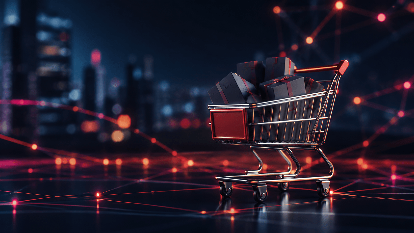 Carrito de ecommerce con paquetes y red digital de crecimiento